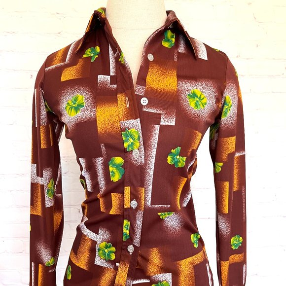 70's Long Sleeve Shirt - Brown Abstract/Floral - Size Small Medium - Picture 1 of 10